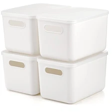 4 Pack Plastic Storage Bins with Lid, White Stackable Storage Basket Organize 