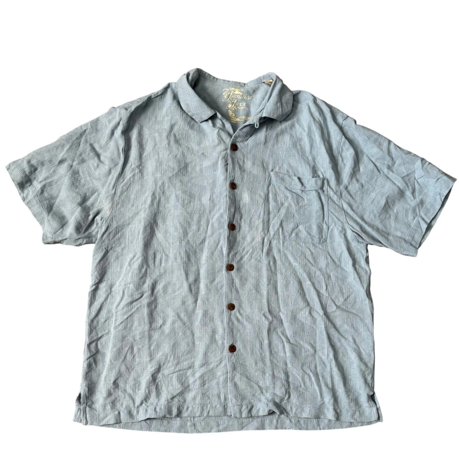 Jamaica Jaxx Texured Silk Button Up Shirt Sz L Blue Vacation Resortwear Beach
