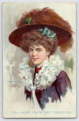 Edwardian Gibson Girl Pretty Lady Feather Hat Glamour E.H. Kiefer Postcard 1908
