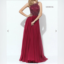 Sherri Hill Beaded Halter Back Fit & Flare Burgundy Ball Gown  Size 18