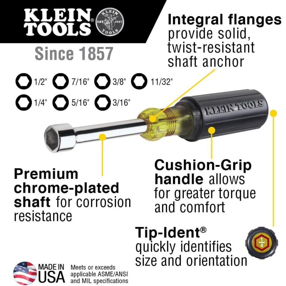 Klein Tools 647 7 peças conjunto de driver de porca feito nos EUA aderência de almofada 6" eixos cromados - Imagem 3 de 4