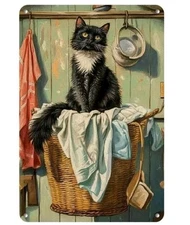 Rustic Black Cat Laundry Vintage Metal Sign 8x12 Tin Wall Decor Farmhouse Art