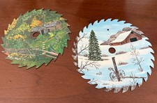 Set of 2 Hand Painted Round Saw Blade Folk Art Cabin  Winter Snow Farm - 7 1/4  