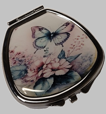 Medicine Pill Box Blue Purple Butterfly Flowers - 1 compartment - silver finish