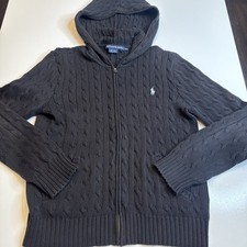Vintage Ralph Lauren Sport Cable Knit Zippered Hoodie Black Size XL