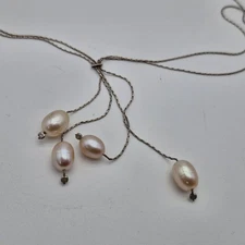 Sterling Silver Cultured Creamy Pearls Dangle Lariat Layered Necklace NWT 16"