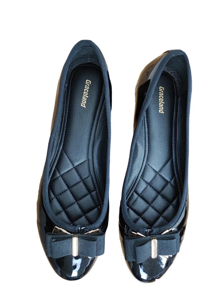 Graceland Women s Black Patent Ballerina Comfort Shoes Front Bow Size 40