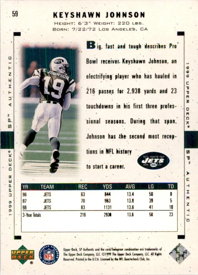 1999 Upper Deck SP Authentic Keyshawn Johnson (101) Football Cards #59 - Image 2 of 2