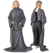 Fleece Blanket with Sleeves and Front Pocket Robe Wearable TV Blanket Gift Adult