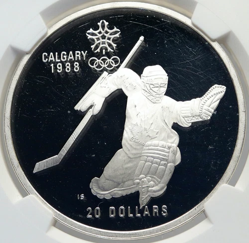 1986 CANADA Silver $20 Coin for 1988 CALGARY OLYMPICS HOCKEY NGC Proof i82947