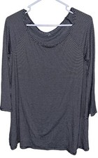 Three Dots Womens 3/4 Bell Sleeve Top Sz M Black White Stripe