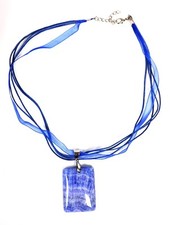 NEW BLUE RECTANGLE QUARTZ STONE CHARM PENDANT+MULTI CORD RIBBON NECKLACE+BOX