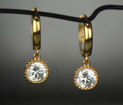 14k Yellow Gold Dangle Round Birthstone Huggie Earrings