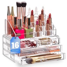 Clear Makeup Organizer - 16-Compartment Cosmetic and Jewelry Holder with 4 Dr...