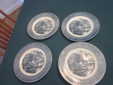 Set of 4 Currier and Ives 10” Dinner Plates The Old Grist Mill  Royal Blue