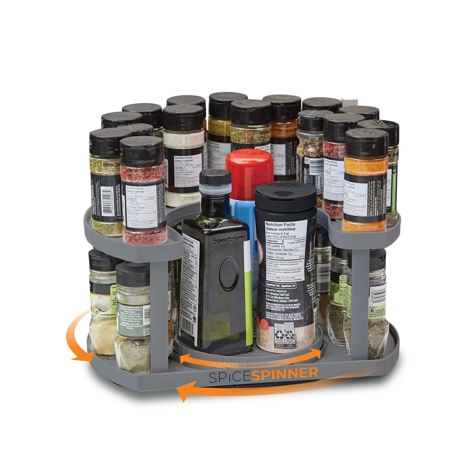 Dual Tier Revolving Spice Organizer Rack Space Saving Design Durable Gray