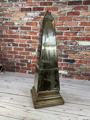 Large Mirrored Obelisk Sculpture Wood Base Antiqued Home Decor Figurine Statue