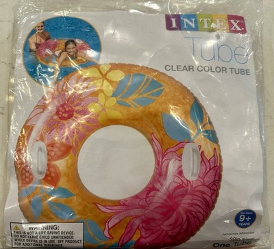 Intex Inflatable Clear Color Round Swim Tube Floral Orange 38'' w Handles *NEW*