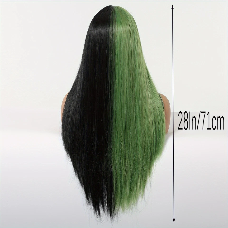 Peluca recta larga media negra verde peluca de pelo sintético punk Y2K cosplay peluca Foto 3 de 4