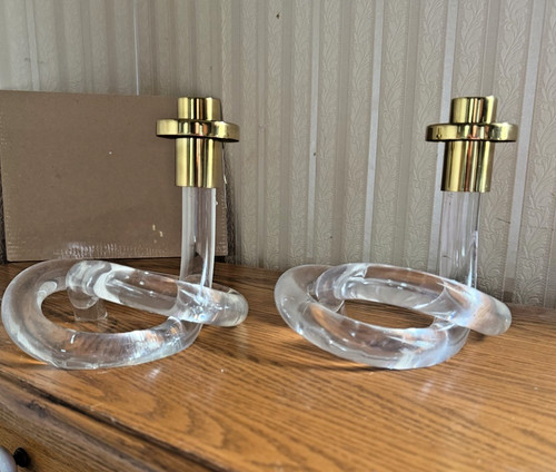Vintage Dorothy Thorpe Pretzel Lucite Brass Candlesticks MCM Pair