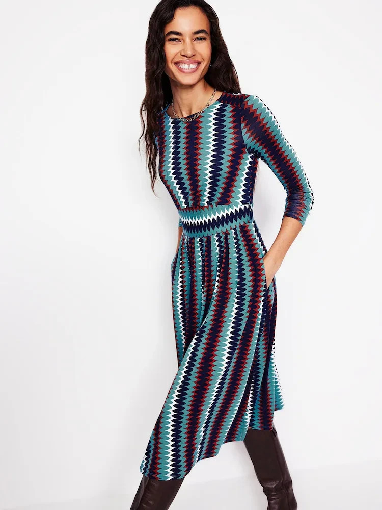 Boden Thea Long Sleeve Jeresey Midi Dress 4 Retro High Neck Stretch Geometric