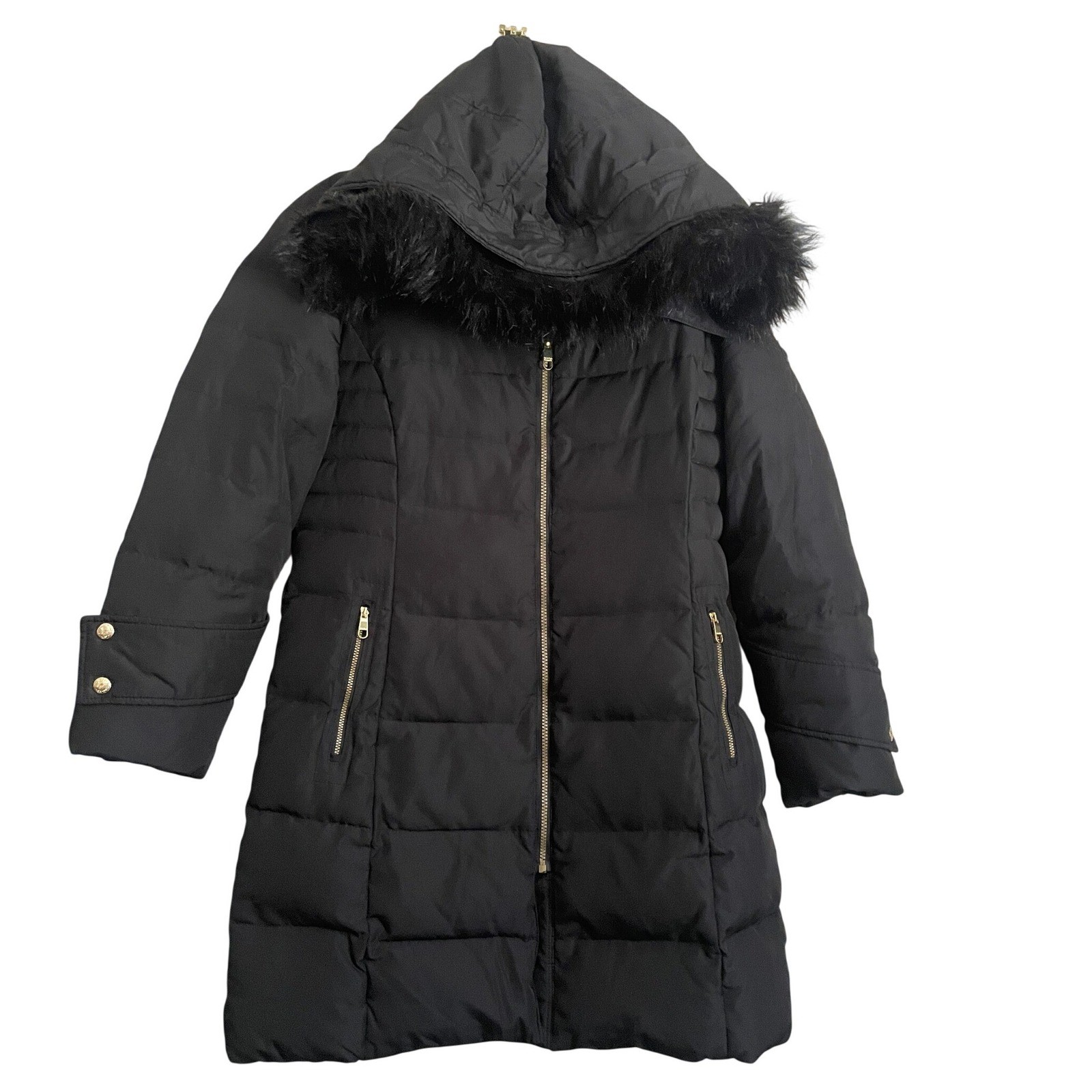 Calvin Klein Long Black Hooded Duck Down Puffer Coat Parka Fur Trim L  Mob Wife