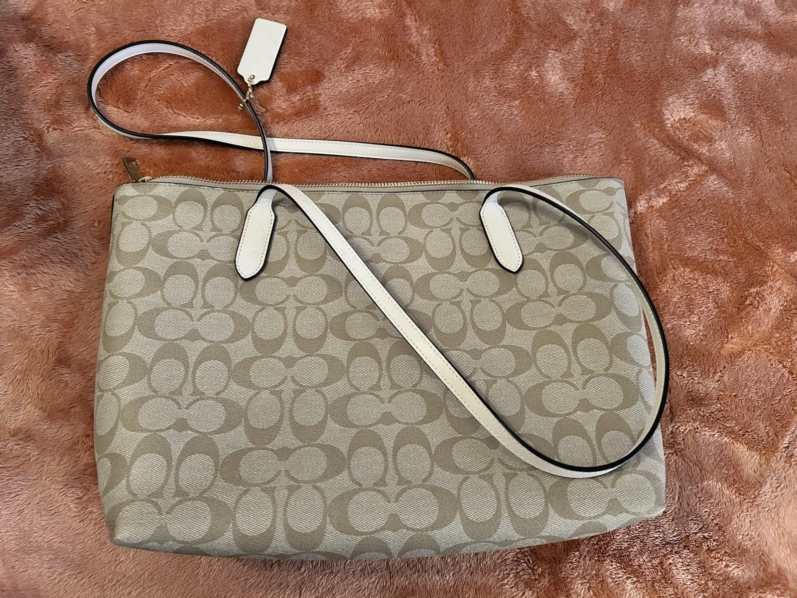 Coach Borsa Donna Outline Firmata con Zip Firma Marrone