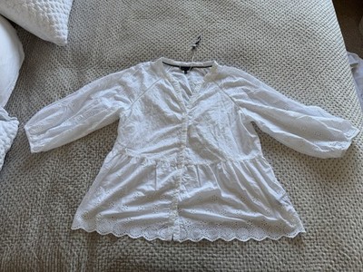 Crew Clothing Brandneu ohne Etikett weiß Lochstickerei A Flocken Knopfleiste Bluse Top Größe 18 Cotto