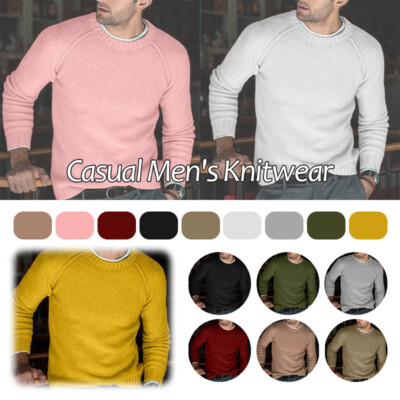 Mens Round Neck Solid Knitted Loose Jumper Casual Sweater Warm Pullover Top NEW