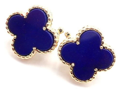Van Cleef & Arpels 18k Yellow Gold Vintage Alhambra Blue Lapis Earrings Paper - Picture 11 of 12