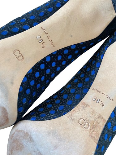 CHRISTIAN DIOR Black Suede w/ Blue Satin Contrast Cannage Peep Toe Pumps, 38.5 - Picture 12 of 12
