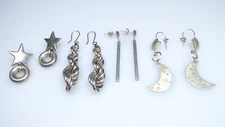 Large Sterling 4prs Dangle Earrings Silver Star Moon Twisted Lot