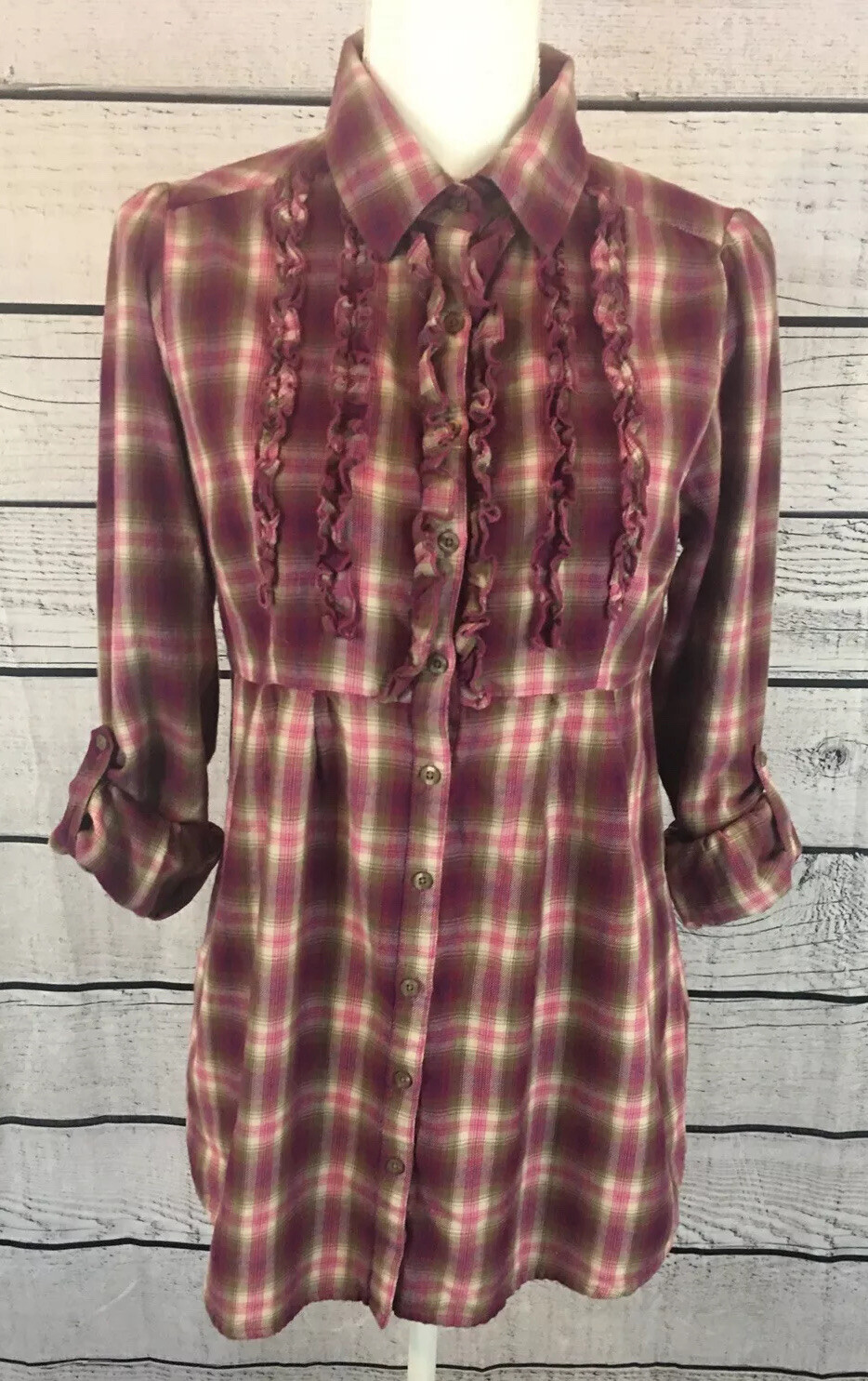 Relativity Plaid Ruffled Button Front Roll Tab Sl… - image 6