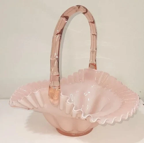 1940s Vtg. Fenton Glass pink rose overlay bridal basket