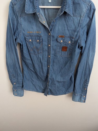 Wrangler Pearl Snap Shirt Mens Size L Blue Medium Wash Denim Cowboy Western - Picture 3 of 9