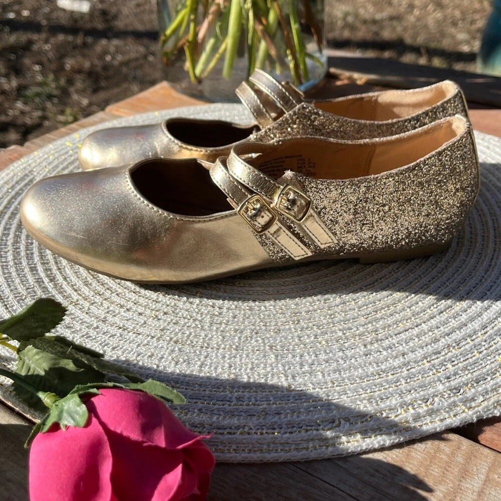 American Eagle Girls Metallic Gold Glitter Mary Jane Flats Size 5