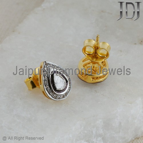925 Sterling Silver Earring Natural Polki Pave Diamond Gold Plated Earring - Picture 7 of 7
