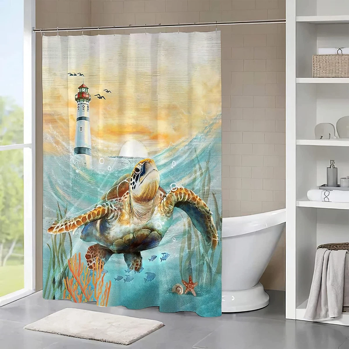 Sea Turtle Lighthouse Shower Curtain Ocean Nautical Shower