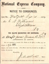 National Express Co Westport 1874 Billhead Receipt  Williams Elizabethtown NY