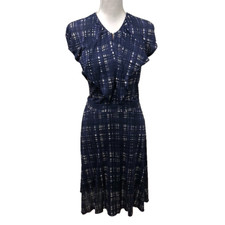 Tory Burch A Line Ruffle Dress Womens Small Blue Modern Plaid Teacher Career 