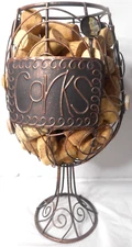 Wine Cork Holder Cage Scrolled Metal Wire Goblet Glass Shape Bar Display w CORKS