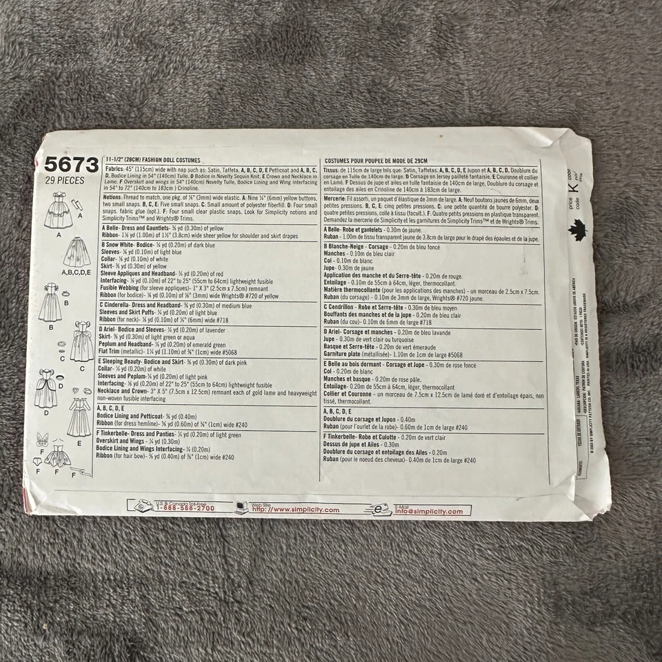 Simplicity Pattern 5673 11.5" Doll Clothes Disney Princess Dress 6 Styles - Image 3 of 4