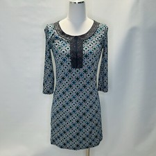 LOFT Blue Geometric Sheath Dress Womens Size 2 Bugle Bead Neckline