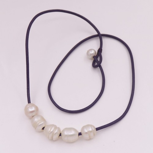 Collar Colgante Cuero Morado Oscuro Perla Lágrima Blanca Natural 10mmX12mm 18" - Imagen 6 de 9