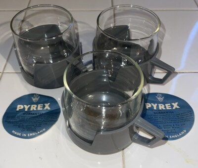 3 x Vintage Pyrex Drinkups Drink-ups Grau Glas Becher für Heiß- oder Kaltgetränke