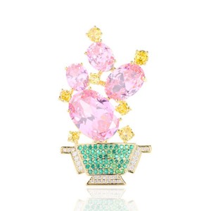 Authentic Women's Gold Plated Pink Green Cubic Zirconia Flower Pot Brooch Pin