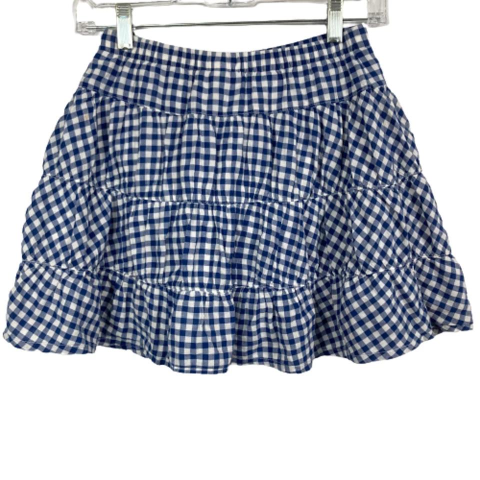Lands End Kids Skort Girls Sz 7 Blue Cotton Gingham Tiered Mini Skirt Skirt - Image 3 of 4