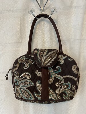 Vintage Ten Bears Quilted Double Handle Brown Blue Paisley Bag Purse Zippered