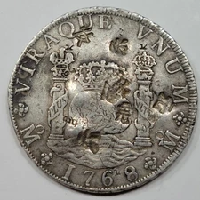 1768 Mo Silver 8 Reales Pillar Dollar Mexico w/ Chopmarks Large Size *K1061