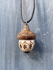 Wooden Acorn Folk Art Witchy Pendant On Black Cord Handmade Pagan